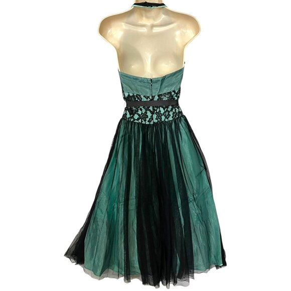 Y2K Cache Halter Dress Winter Formal Prom 2 Mint Green & Black Fit & Flare XS - Picture 4 of 6